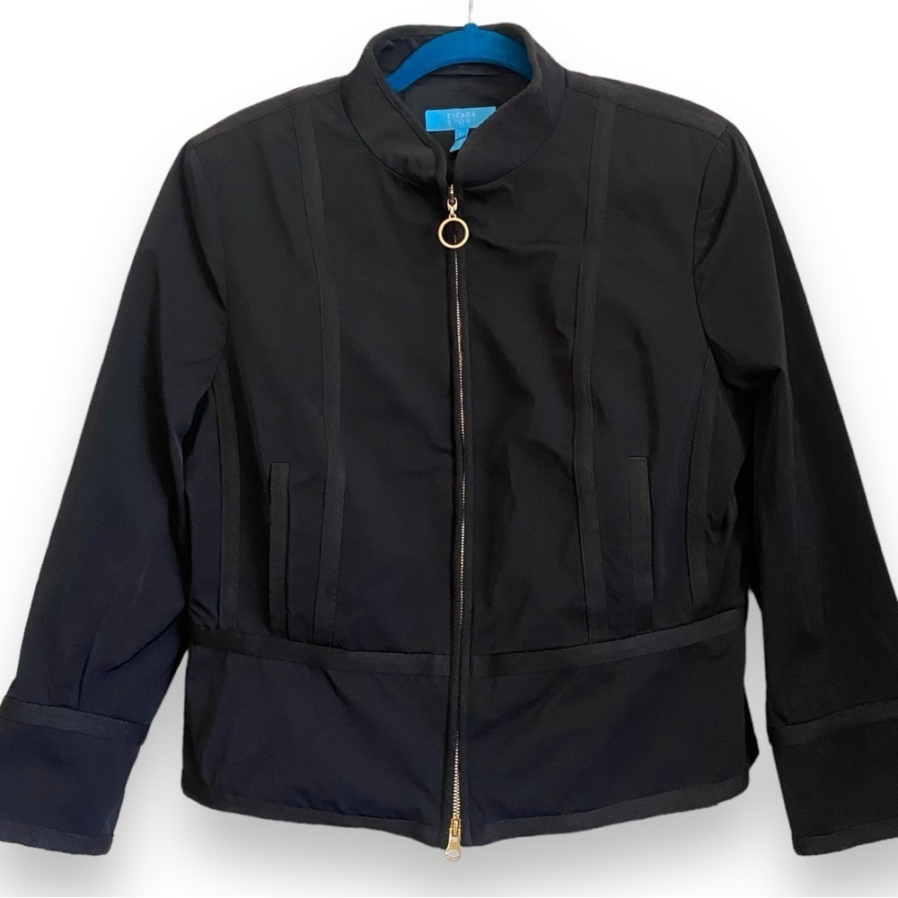 Escada Sport Black Collarless Full Zip Nylon Peplum Lined Jacket Hip Length
